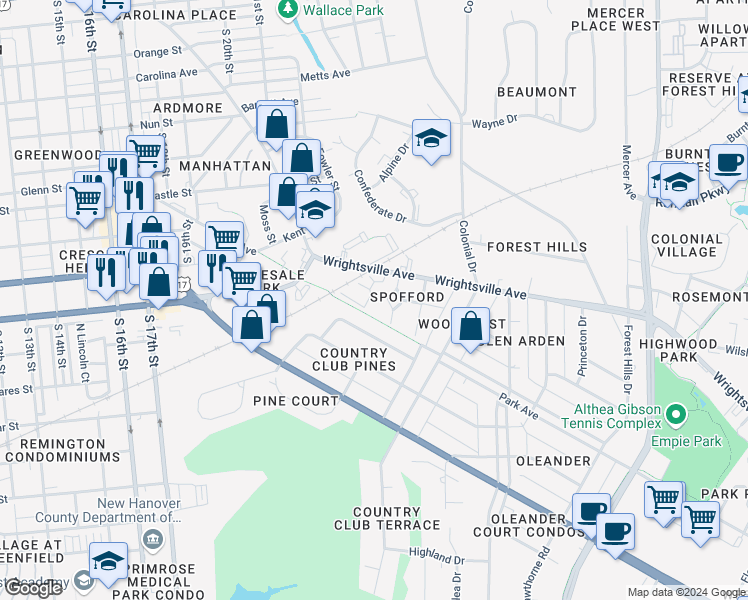 map of restaurants, bars, coffee shops, grocery stores, and more near 2316 Wrightsville Avenue in Wilmington