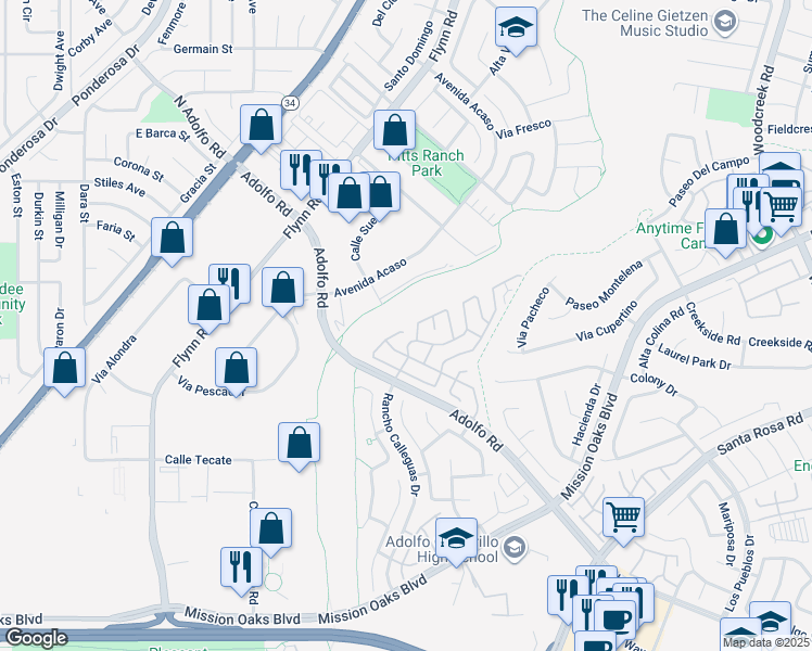 map of restaurants, bars, coffee shops, grocery stores, and more near 232 Talud Terrace in Camarillo