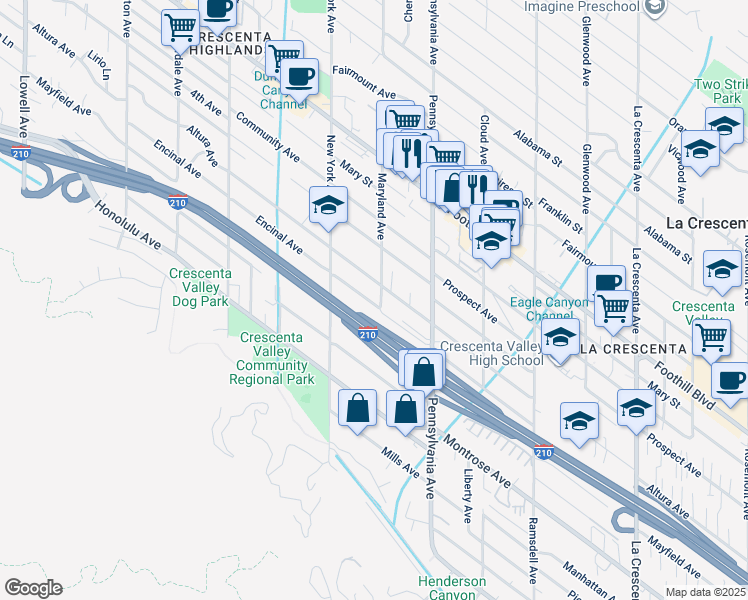 map of restaurants, bars, coffee shops, grocery stores, and more near 3300 Encinal Avenue in Glendale