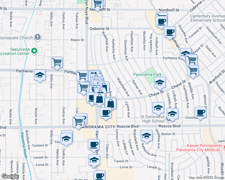 map of restaurants, bars, coffee shops, grocery stores, and more near 8529 Tyrone Avenue in Los Angeles