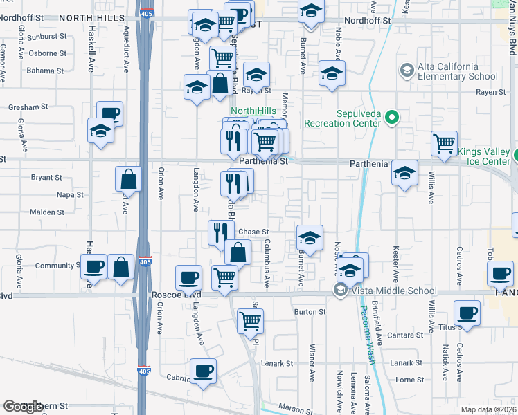 map of restaurants, bars, coffee shops, grocery stores, and more near 8532 Columbus Avenue in Los Angeles