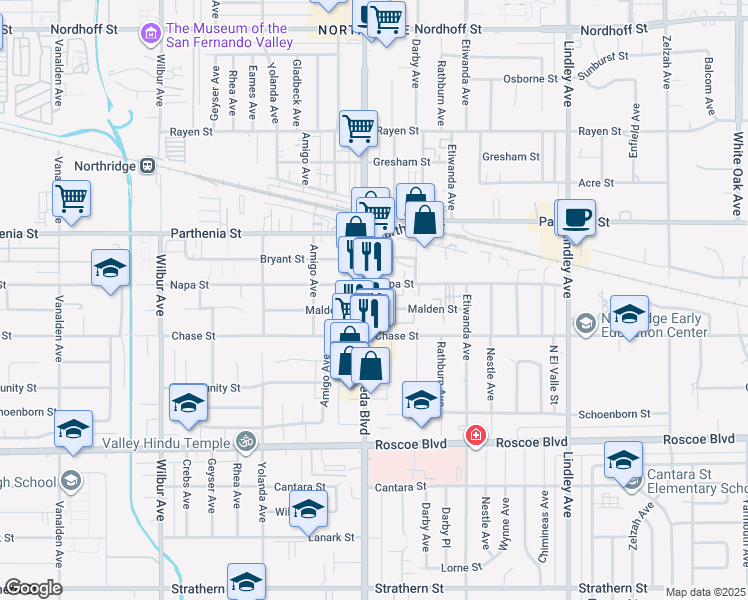map of restaurants, bars, coffee shops, grocery stores, and more near 8525 Reseda Boulevard in Los Angeles