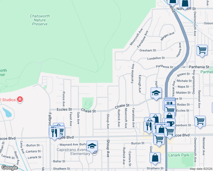 map of restaurants, bars, coffee shops, grocery stores, and more near 22430 Michale Street in Los Angeles