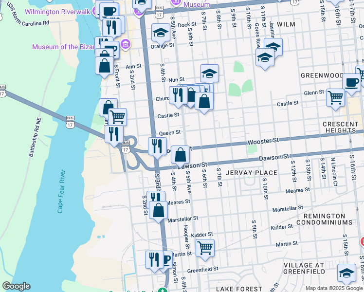 map of restaurants, bars, coffee shops, grocery stores, and more near 801 South 4th Street in Wilmington