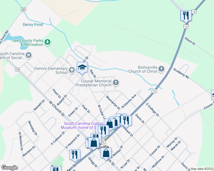 map of restaurants, bars, coffee shops, grocery stores, and more near 500-518 Byrd Street in Bishopville