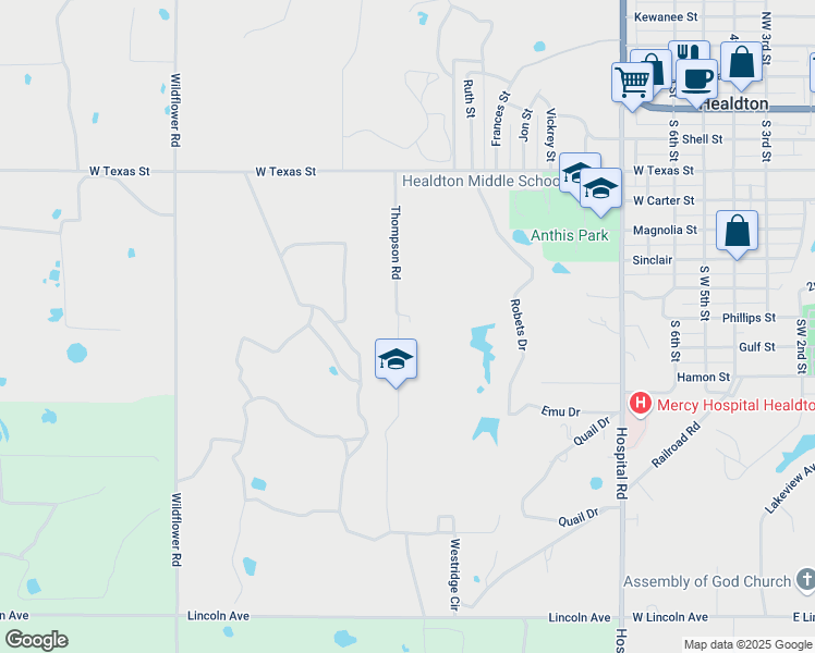 map of restaurants, bars, coffee shops, grocery stores, and more near 327 Thompson Road in Healdton
