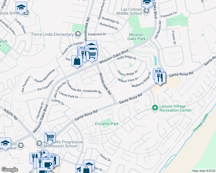 map of restaurants, bars, coffee shops, grocery stores, and more near 5306 Maple View Circle in Camarillo