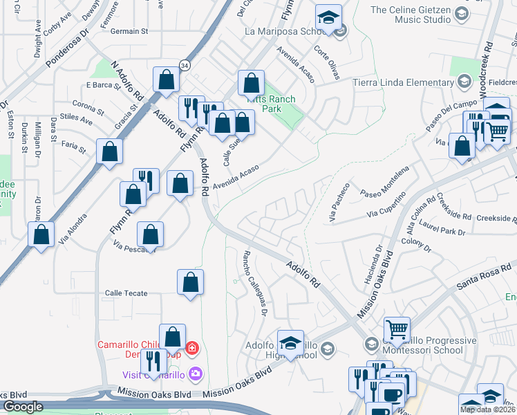 map of restaurants, bars, coffee shops, grocery stores, and more near 232 Talud Terrace in Camarillo