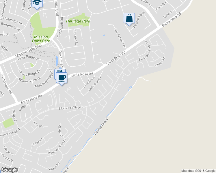 map of restaurants, bars, coffee shops, grocery stores, and more near 33107 Village 33 in Camarillo