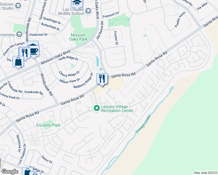 map of restaurants, bars, coffee shops, grocery stores, and more near 15413 Village 15 in Camarillo