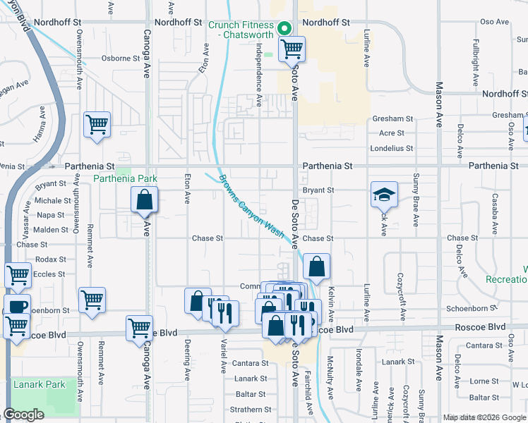 map of restaurants, bars, coffee shops, grocery stores, and more near 8544 Independence Avenue in Los Angeles