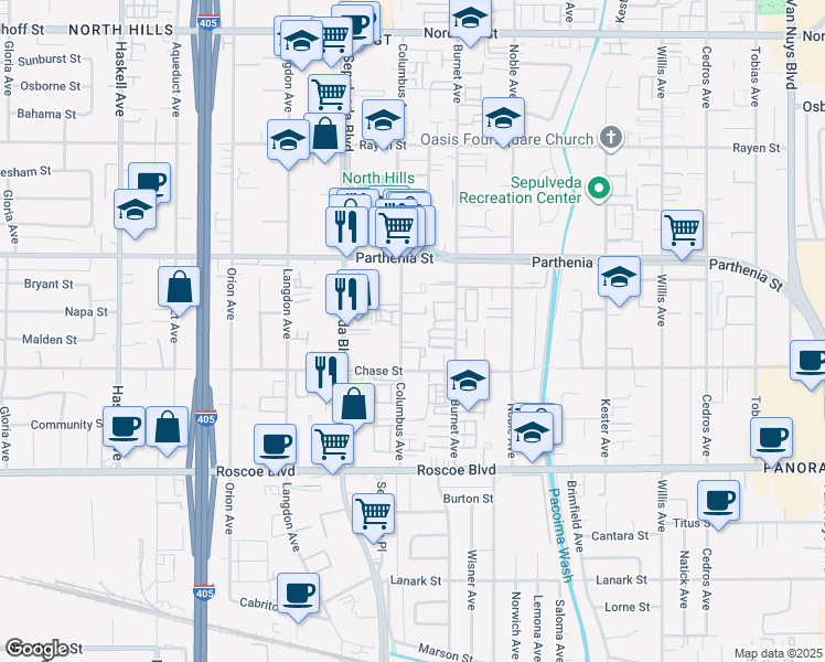 map of restaurants, bars, coffee shops, grocery stores, and more near 8542 Columbus Avenue in Los Angeles