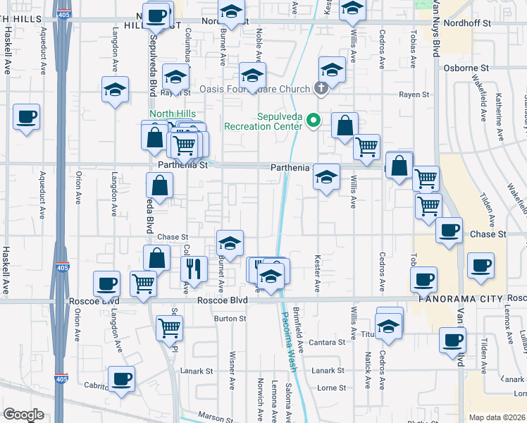 map of restaurants, bars, coffee shops, grocery stores, and more near 8544 Noble Avenue in Los Angeles