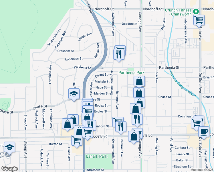 map of restaurants, bars, coffee shops, grocery stores, and more near 8529 Owensmouth Avenue in Los Angeles