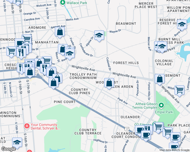 map of restaurants, bars, coffee shops, grocery stores, and more near 2415 Circle Street in Wilmington