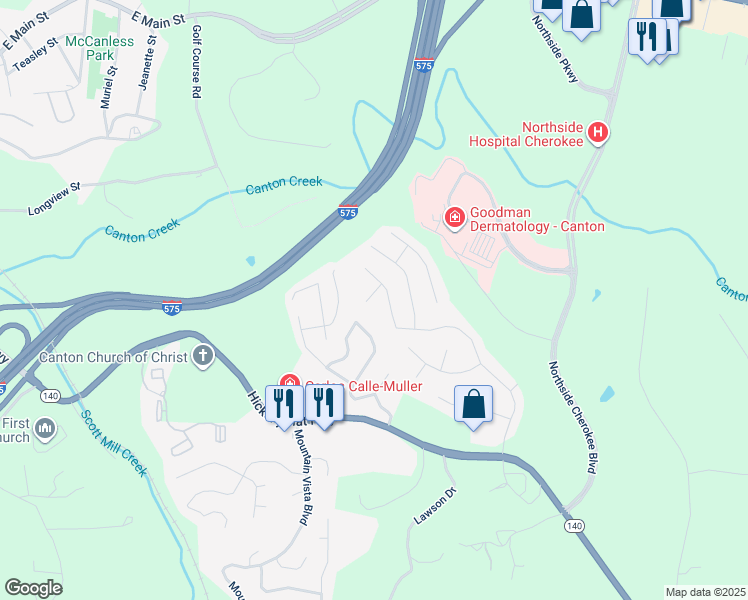 map of restaurants, bars, coffee shops, grocery stores, and more near 603 Cherokee Trce in Canton