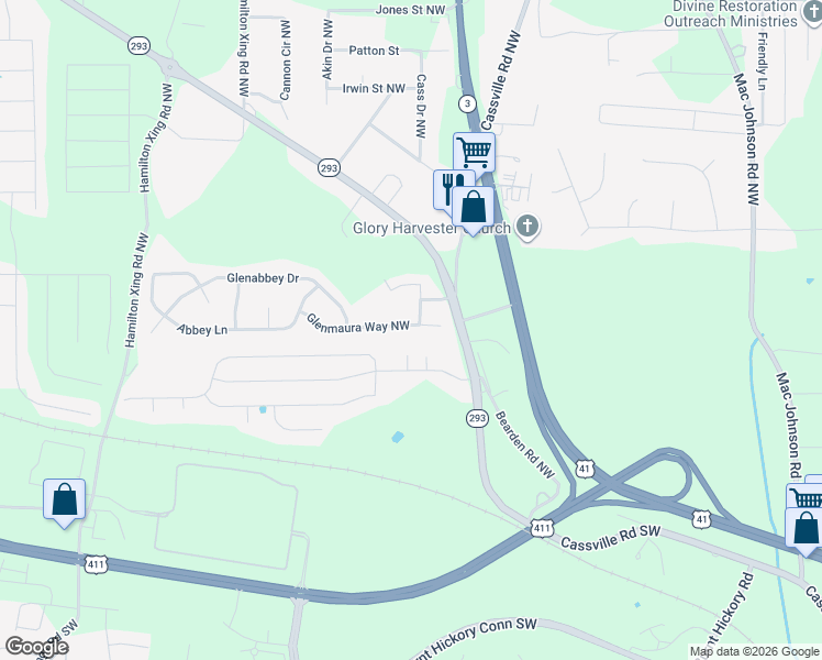 map of restaurants, bars, coffee shops, grocery stores, and more near 21 Glenmaura Way Northwest in Cartersville