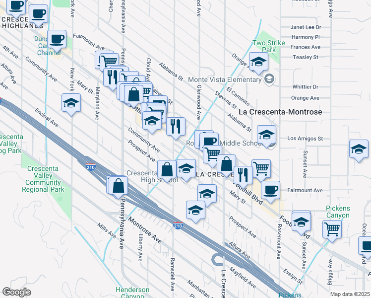 map of restaurants, bars, coffee shops, grocery stores, and more near 2937 Mary Street in La Crescenta-Montrose