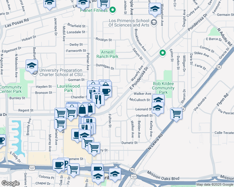 map of restaurants, bars, coffee shops, grocery stores, and more near 2600 East Ponderosa Drive in Camarillo