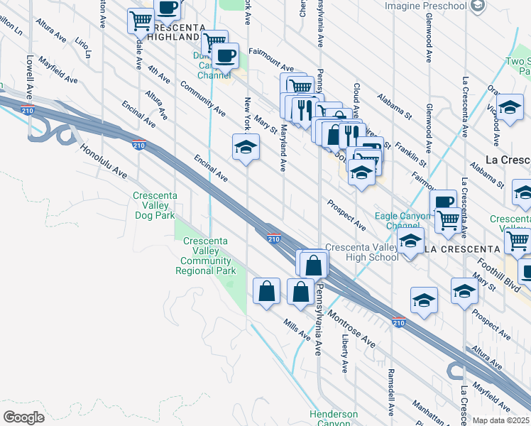 map of restaurants, bars, coffee shops, grocery stores, and more near 3328 Encinal Avenue in Glendale