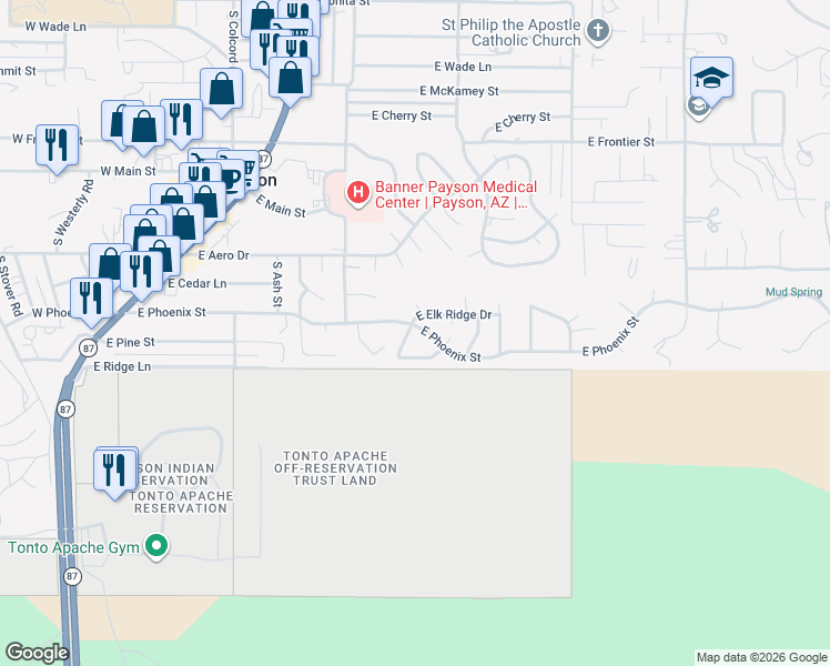 map of restaurants, bars, coffee shops, grocery stores, and more near 609 East Phoenix Street in Payson