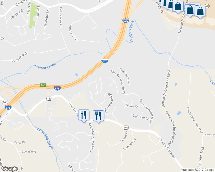 map of restaurants, bars, coffee shops, grocery stores, and more near 608 Cherokee Trce in Ball Ground