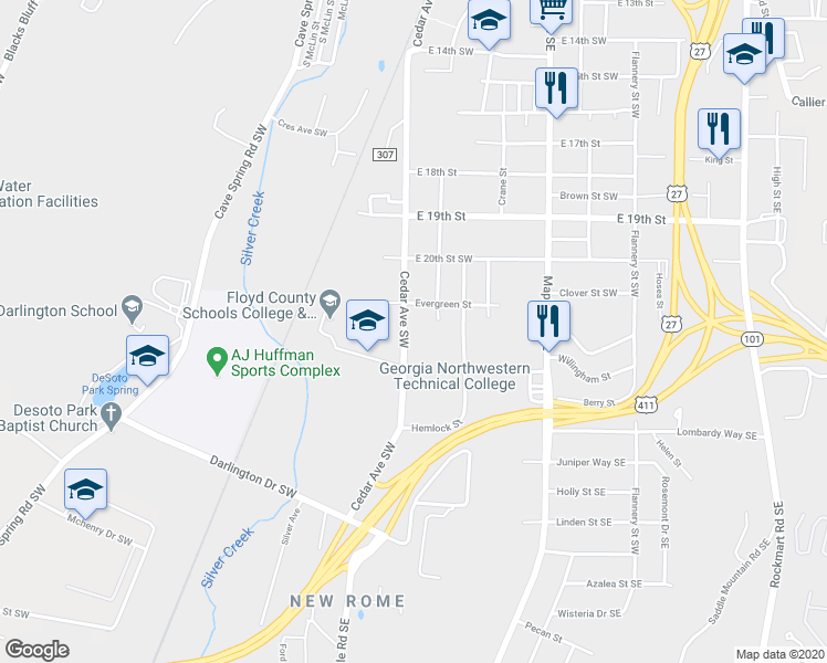 map of restaurants, bars, coffee shops, grocery stores, and more near 709 Cedar Avenue Southwest in Rome