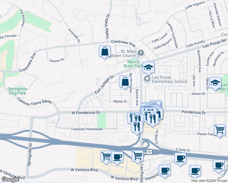 map of restaurants, bars, coffee shops, grocery stores, and more near 166 Bramble Court in Camarillo