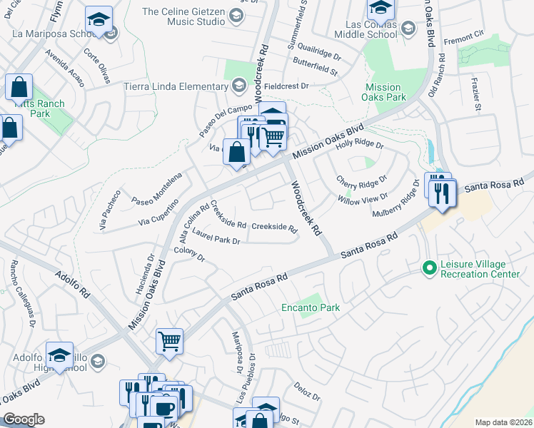 map of restaurants, bars, coffee shops, grocery stores, and more near 5338 Villa Mallorca Place in Camarillo