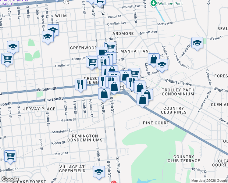 map of restaurants, bars, coffee shops, grocery stores, and more near 1618 Dawson Street in Wilmington