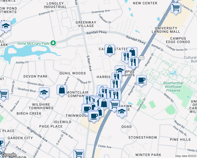 map of restaurants, bars, coffee shops, grocery stores, and more near 623 South Kerr Avenue in Wilmington