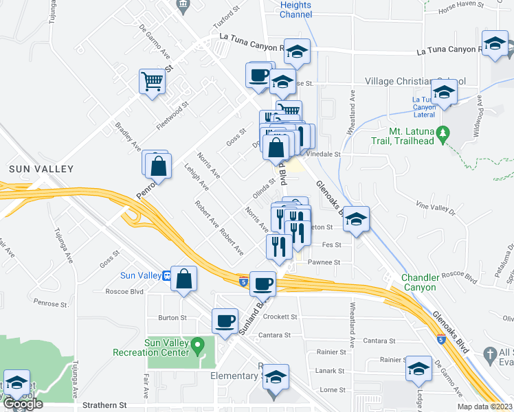 map of restaurants, bars, coffee shops, grocery stores, and more near 10898 Olinda Street in Los Angeles