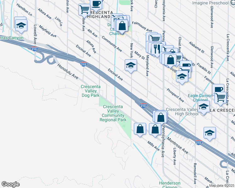 map of restaurants, bars, coffee shops, grocery stores, and more near 3502 Montrose Avenue in Glendale