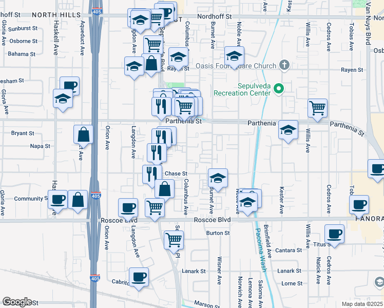 map of restaurants, bars, coffee shops, grocery stores, and more near 8532 Columbus Avenue in Los Angeles