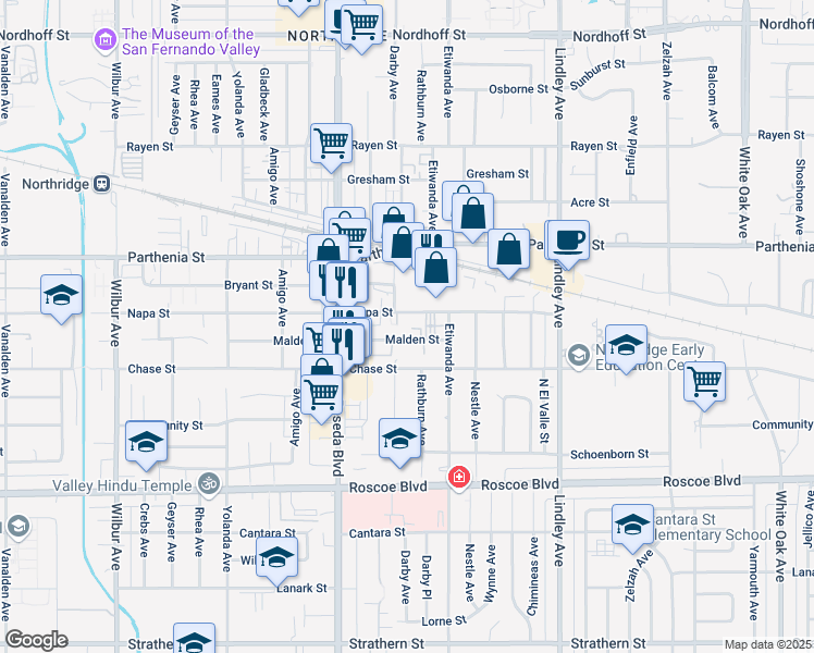 map of restaurants, bars, coffee shops, grocery stores, and more near 18334 Malden Street in Los Angeles