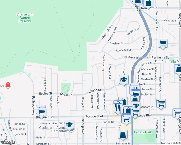 map of restaurants, bars, coffee shops, grocery stores, and more near 22314 Michale Street in Los Angeles