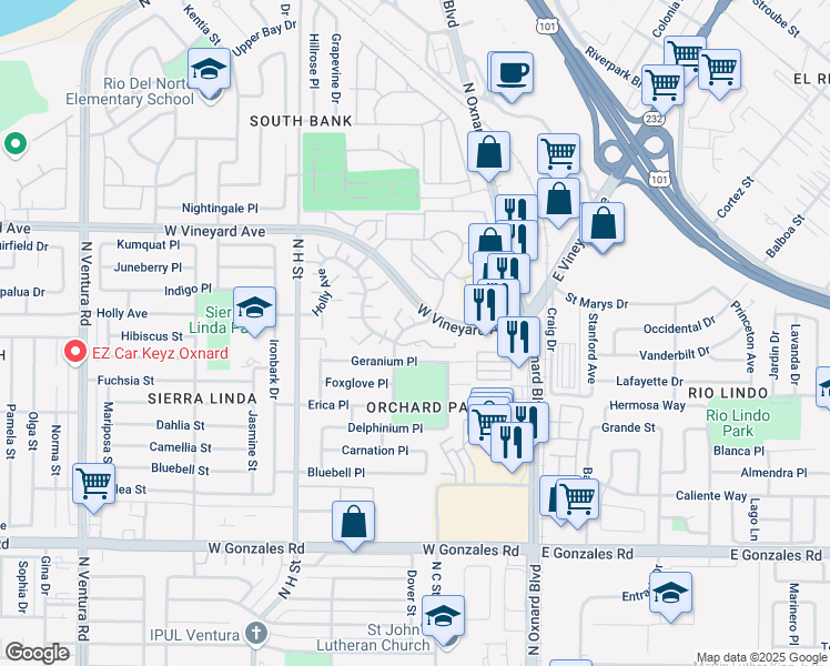 map of restaurants, bars, coffee shops, grocery stores, and more near 431 Geranium Place in Oxnard