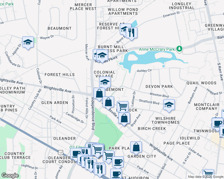 map of restaurants, bars, coffee shops, grocery stores, and more near 806 Rosemont Avenue in Wilmington