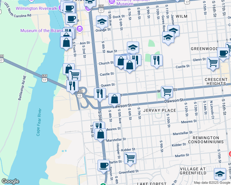 map of restaurants, bars, coffee shops, grocery stores, and more near 801 South 4th Street in Wilmington