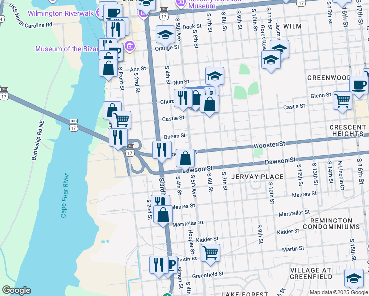 map of restaurants, bars, coffee shops, grocery stores, and more near 801 South 4th Street in Wilmington