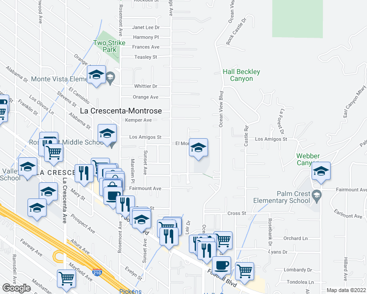 map of restaurants, bars, coffee shops, grocery stores, and more near 2356 El Moreno Street in La Crescenta-Montrose