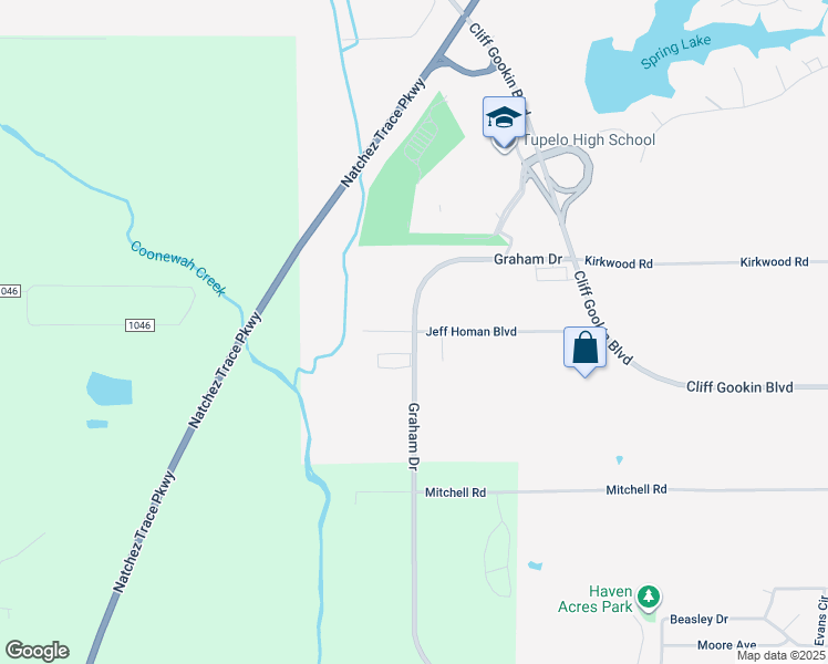map of restaurants, bars, coffee shops, grocery stores, and more near 3077 Jeff Homan Boulevard in Tupelo
