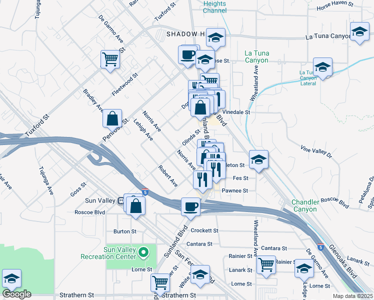 map of restaurants, bars, coffee shops, grocery stores, and more near 8544 Norris Avenue in Los Angeles