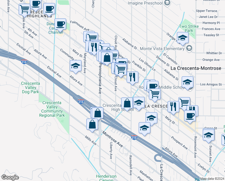 map of restaurants, bars, coffee shops, grocery stores, and more near 3113 Prospect Avenue in La Crescenta-Montrose