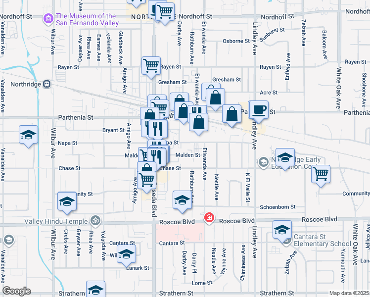 map of restaurants, bars, coffee shops, grocery stores, and more near 18334 Malden Street in Los Angeles