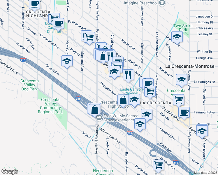 map of restaurants, bars, coffee shops, grocery stores, and more near 3113 Prospect Avenue in La Crescenta-Montrose
