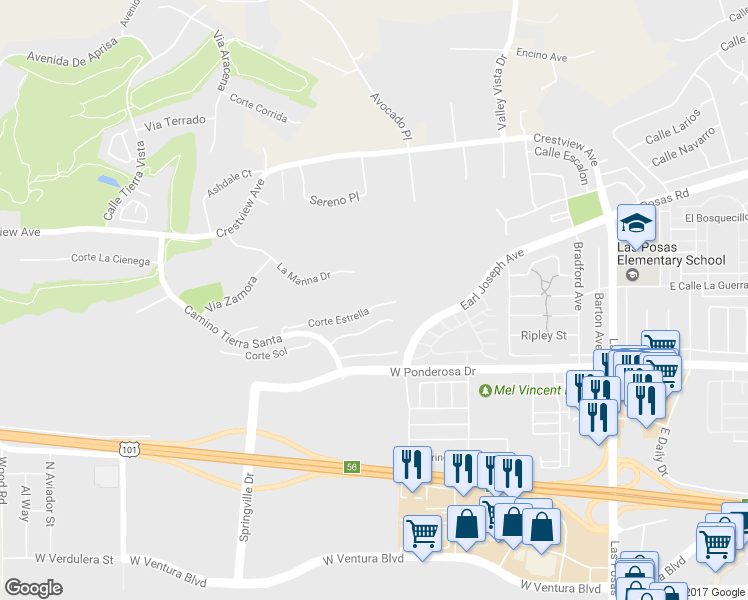map of restaurants, bars, coffee shops, grocery stores, and more near 645 Corte Estrella in Camarillo
