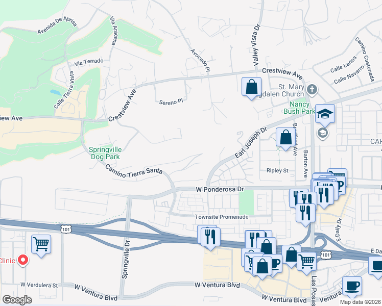 map of restaurants, bars, coffee shops, grocery stores, and more near 645 Corte Estrella in Camarillo