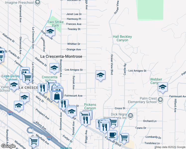 map of restaurants, bars, coffee shops, grocery stores, and more near 2356 El Moreno Street in La Crescenta-Montrose
