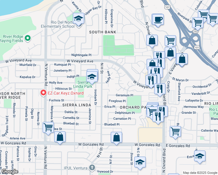 map of restaurants, bars, coffee shops, grocery stores, and more near 2226 North H Street in Oxnard